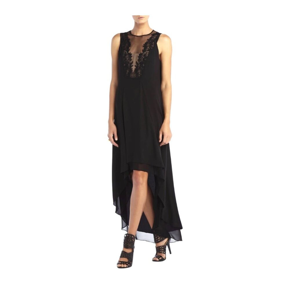 BCBGMAXAZRIA Cocktail Evening Embroidered Lace Black Hi-Low Dress Size-4